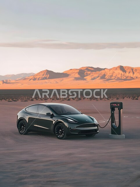 Charging the battery with electricity, modern luxury cars, development of modern technologies and technology, advanced Tesla electric car, environmentally friendly means of transportation, rock formations in the desert of the Kingdom of Saudi Arabia