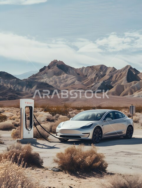 سيارة تيسلا الكهربائية الإلكترونية المتطورة, شحن البطارية بالكهرباء، السيارات الحديثة الفاخرة, تطور التقنيات والتكنولوجيا الحديثة, وسائل النقل الصديقة للبيئة، التشكلات الصخرية في صحراء المملكة العربية السعودية 