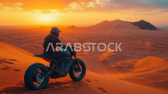 التحديات الحماسية والأنشطة الترفيهية, دمج الفعاليات الرياضية بالثقافة السياحية، ممارسة الرياضة المفضلة في صحراء المملكة العربية السعودية, قيادة الدراجة النارية السريعة فوق القمم والمرتفعات الجبلية وقت غروب الشمس