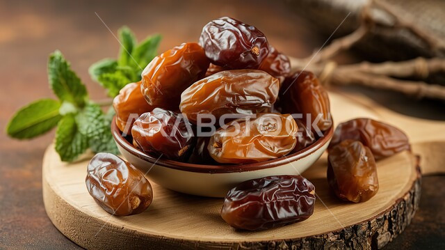 وجبة ذات قيمة غذائية عالية، مصدر للدهون الصحية الطبيعية، منتجات ومحاصيل زراعية محلية وطنية في المملكة العربية السعودية، صورة مقربة لطبق التمر على طاولة خشبية، ضيافة رمضانية شهية