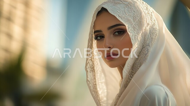 مفهوم الأناقة والأنوثة والنعومة, التزين والإطلالة المتألقة في يوم العرس, عروس عربية خليجية سعودية ترتدي فستان الزفاف الأبيض تقف بتعابير الثقة بالنفس, مراسم الأعراس والزواج في المملكة العربية السعودية