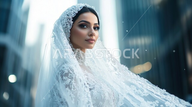 مفهوم الأناقة والأنوثة والنعومة, التزين والإطلالة المتألقة في يوم العرس, عروس عربية خليجية سعودية ترتدي فستان الزفاف الأبيض تقف بتعابير الثقة بالنفس, مراسم الأعراس والزواج في المملكة العربية السعودية