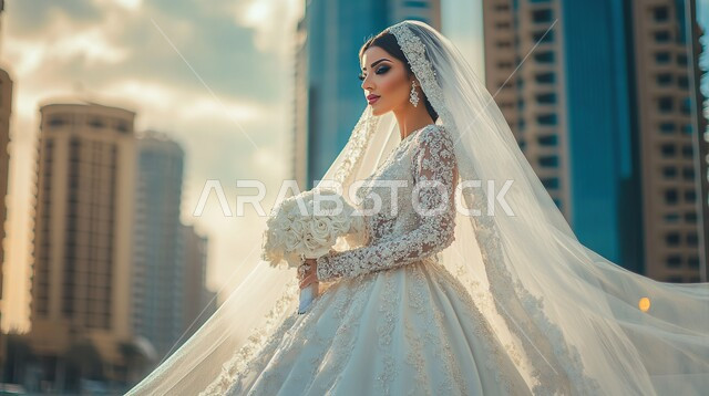 مراسم الأعراس والزواج في المملكة، مفهوم الأناقة والأنوثة والنعومة, التزين والإطلالة المتألقة في يوم العرس, عروس عربية خليجية سعودية ترتدي فستان الزفاف الأبيض تقف بتعابير الثقة بالنفس