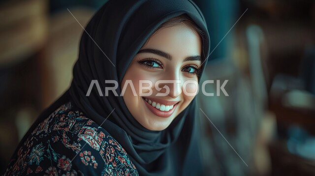 Concern for elegance and outward appearance, the concept of femininity and softness, elegant modern veiled fashion, a close-up of a young Saudi Arabian Gulf woman wearing the veil standing with expressions of confidence and self-esteem