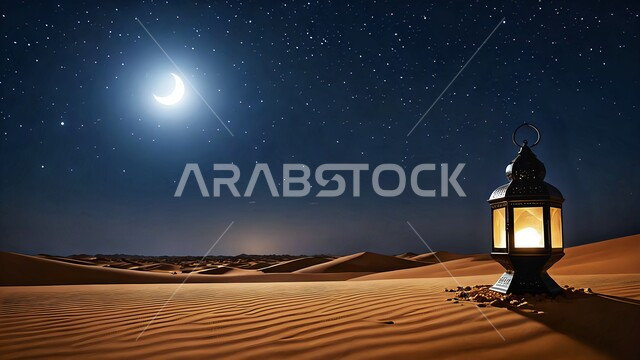 زينة و ديكورات و أنوار الاحتفالات بالمناسبات و الأعياد الدينية الإسلامية, البهجة بقدوم رمضان المبارك, أضواء و مصابيح عربية تقليدية, الاستعداد لاستقبال الشهر الفضيل، فانوس عربي معدني مزخرف مضيء وسط الطبيعة الصحراوية والكثبان الرملية