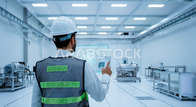 الاستفادة من التقنيات الحديثة والتكنولوجيا المتطورة في مجال الهندسة، مهندس عربي خليجي سعودي يرتدي خوذة الحماية وسترة الوقاية يقوم بالنقر على أيقونات هولوجرامية تظهر في شاشة على شكل تابلت، متابعة الأعمال والإشراف عليها عن قرب، مهن ووظائف سعودية