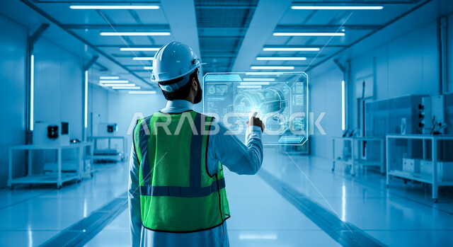 Taking advantage of modern techniques and advanced technology in the field of engineering, a Saudi Arabian Gulf engineer wearing a protective helmet and a safety vest clicks on holographic icons that appear on a tablet-shaped screen, closely following and supervising work, Saudi professions and jobs