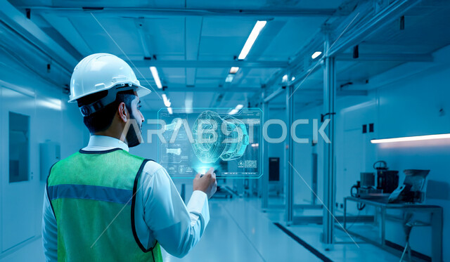 الاستفادة من التقنيات الحديثة والتكنولوجيا المتطورة في مجال الهندسة، مهندس عربي خليجي سعودي يرتدي خوذة الحماية وسترة الوقاية يقوم بالنقر على أيقونات هولوجرامية تظهر في شاشة على شكل تابلت، متابعة الأعمال والإشراف عليها عن قرب، مهن ووظائف سعودية