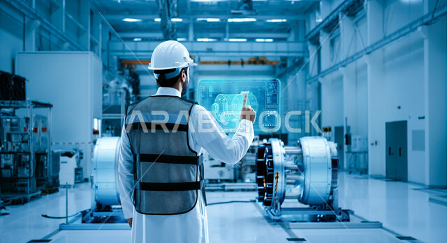 الاستفادة من التقنيات الحديثة والتكنولوجيا المتطورة في مجال الهندسة، مهندس عربي خليجي سعودي يرتدي خوذة الحماية وسترة الوقاية يقوم بالنقر على أيقونات هولوجرامية تظهر في شاشة على شكل تابلت، متابعة الأعمال والإشراف عليها عن قرب، مهن ووظائف سعودية