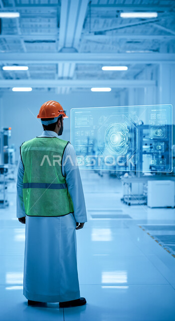 الاستفادة من التقنيات الحديثة والتكنولوجيا المتطورة في مجال الهندسة، مهندس عربي خليجي سعودي يرتدي خوذة الحماية وسترة الوقاية يقوم بالنقر على أيقونات هولوجرامية تظهر في شاشة على شكل تابلت، متابعة الأعمال والإشراف عليها عن قرب، مهن ووظائف سعودية