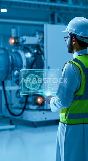 الاستفادة من التقنيات الحديثة والتكنولوجيا المتطورة في مجال الهندسة، مهندس عربي خليجي سعودي يرتدي خوذة الحماية وسترة الوقاية يقوم بالنقر على أيقونات هولوجرامية تظهر في شاشة على شكل تابلت، متابعة الأعمال والإشراف عليها عن قرب، مهن ووظائف سعودية