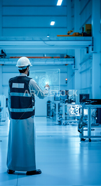 الاستفادة من التقنيات الحديثة والتكنولوجيا المتطورة في مجال الهندسة، مهندس عربي خليجي سعودي يرتدي خوذة الحماية وسترة الوقاية يقوم بالنقر على أيقونات هولوجرامية تظهر في شاشة على شكل تابلت، متابعة الأعمال والإشراف عليها عن قرب، مهن ووظائف سعودية