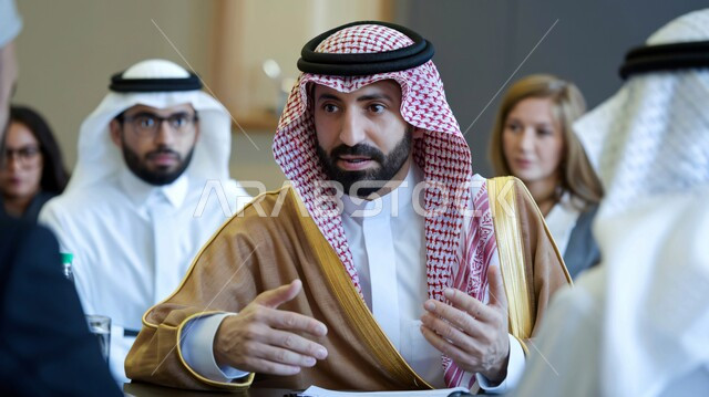 Using modern devices and technologies, discussions and dialogues about projects, developing plans and achieving company goals, cooperation and participation in completing work, Saudi Gulf Arab businessmen managing and organizing business affairs, office administrative professions and jobs