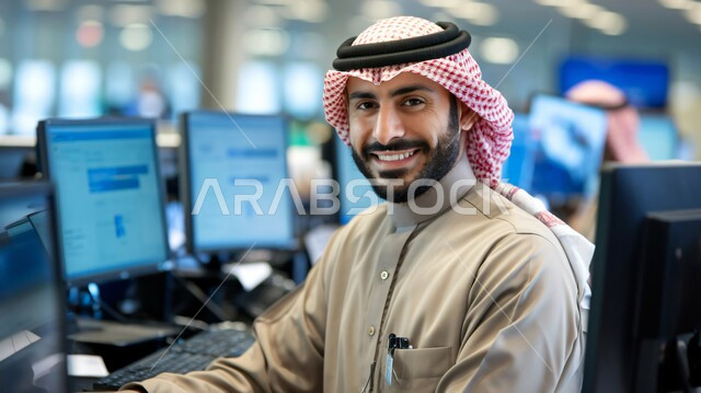 مهن ووظائف مكتبية, صورة مقربة لرجل عربي خليجي سعودي يرتدي الشماغ والثوب التقليدي ينظر إلى الكاميرا يقوم باستخدام الحاسب المحمول, إدارة وتنظيم الأعمال ضمن مقر الشركة، دمج التقنية والتكنولوجيا مع الحياة العملية، بيئة العمل المريحة في الشركات السعودية