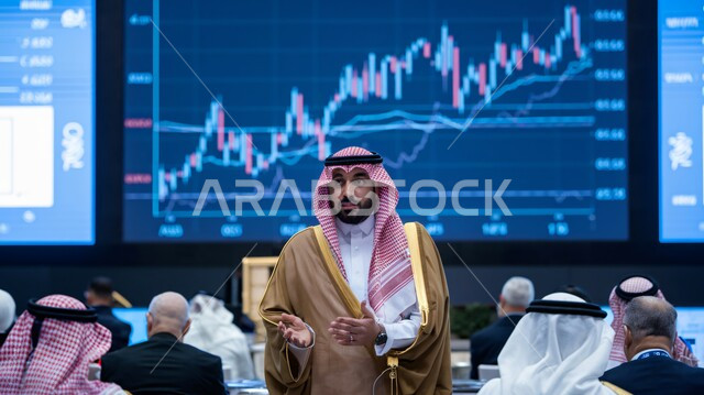 الرسوم البيانية الخاصة بصعود وهبوط البورصة المالية، استخدام الاجهزة والتقنيات الحديثة، النقاشات والحوارات حول المشاريع ، تطوير الخطط  وتحقيق أهداف الشركة، التعاون و المشاركة في إنجاز الأعمال، رجال أعمال عربيون خليجيون سعوديون يقومون بإدارة شؤون العمل وتنظيمها