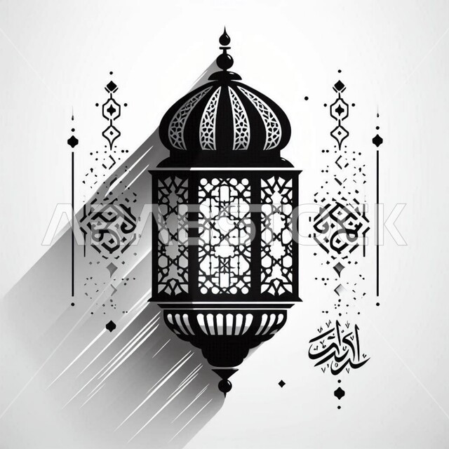 رسوم توضيحية  لفانوس عربي تقليدي معلق باللونين الاسود والابيض, تحف اسلامية للاحتفال بقدوم شهر الخير، الفن الاسلامي للتحف والاكسسوارات، إضاءة وزينة شهر رمضان المبارك