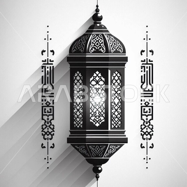 Illustration of a traditional Arabic hanging lantern in black and white, Islamic art to celebrate the arrival of the month of goodness, Islamic art of art and accessories, lighting and decoration of the holy month of Ramadan