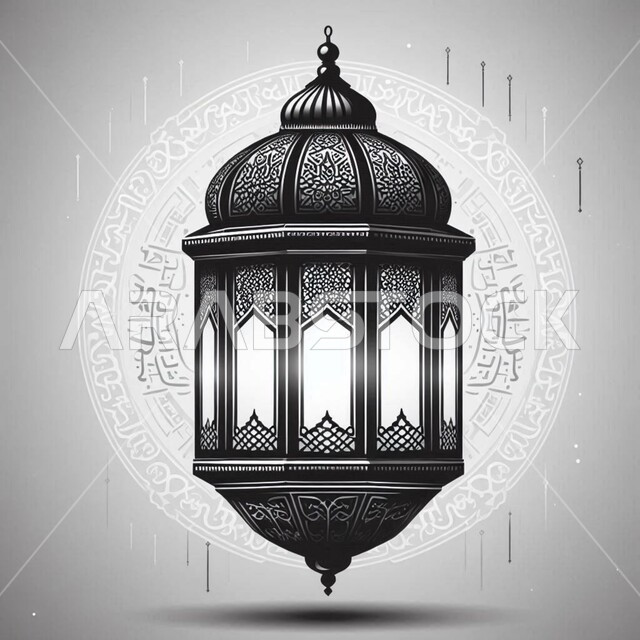 رسوم توضيحية  لفانوس عربي تقليدي معلق باللونين الاسود والابيض, تحف اسلامية للاحتفال بقدوم شهر الخير، الفن الاسلامي للتحف والاكسسوارات، إضاءة وزينة شهر رمضان المبارك