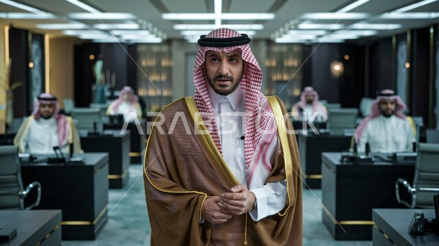 حضور المناسبات والاحتفالات الاجتماعية, اجتماعات ودية وعملية, رجل عربي خليجي سعودي يرتدي الثوب التقليدي والبشت والشماغ في حدث مهم لرجال الأعمال, العمل في مناصب هامة ورفيعة في الشركات السعودية