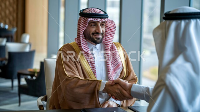 الشراكة في الأعمال والمشاريع، صداقات وتعارف وبناء علاقات اجتماعية، عقد صفقات عمل جديدة ناجحة بين رجال الأعمال،  رجلان سعوديان يقومان بمصافحة بعضهما، توسيع مجالات العمل