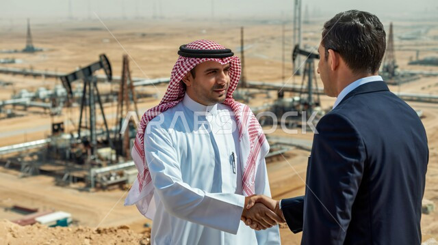 الشراكة في الأعمال والمشاريع، صداقات وتعارف وبناء علاقات اجتماعية، عقد صفقات عمل جديدة ناجحة بين رجال الأعمال،  رجلان سعوديان يقومان بمصافحة بعضهما، توسيع مجالات العمل