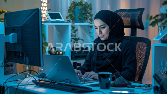 ادارة الأعمال عن بعد، استخدام الأجهزة الحديثة والمتطورة، امرأة عربية خليجية سعودية ترتدي العباءة والحجاب تقوم باستخدام الحاسوب المحمول، دمج التكنولوجيا بالعمل، إنجاز المهام المطلوبة عبر اللابتوب، مهن ووظائف نسائية