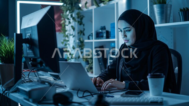 ادارة الأعمال عن بعد، استخدام الأجهزة الحديثة والمتطورة، امرأة عربية خليجية سعودية ترتدي العباءة والحجاب تقوم باستخدام الحاسوب المحمول، دمج التكنولوجيا بالعمل، إنجاز المهام المطلوبة عبر اللابتوب، مهن ووظائف نسائية