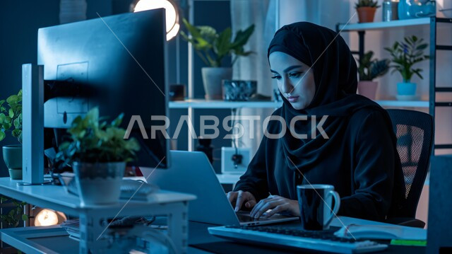 ادارة الأعمال عن بعد، استخدام الأجهزة الحديثة والمتطورة، امرأة عربية خليجية سعودية ترتدي العباءة والحجاب تقوم باستخدام الحاسوب المحمول، دمج التكنولوجيا بالعمل، إنجاز المهام المطلوبة عبر اللابتوب، مهن ووظائف نسائية