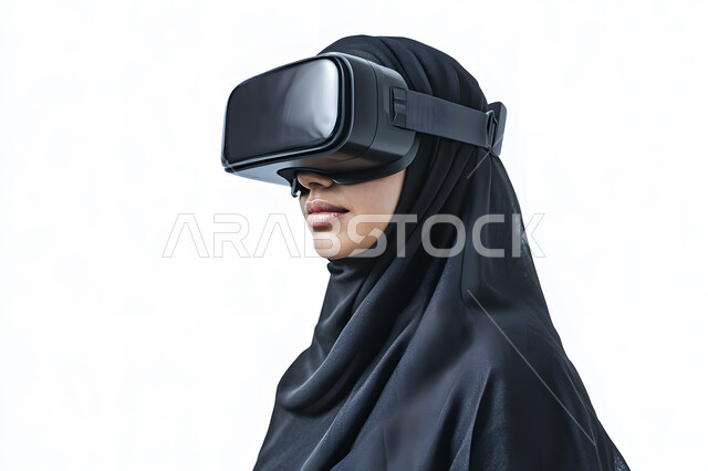 استخدام الأجهزة والتقنيات الحديثة، قضاء اوقات ممتعة في المنزل، إيماءات الاندماج والتفاعل مع الألعاب الافتراضية، الاستمتاع بمشاهدة أفلام العالم الخيالي، بورتريه لإمرأة عربية خليجية سعودية ترتدي الحجاب والعباءة تضع نظارة الواقع الافتراضي ثلاثية الابعاد، خلفية بيضاء