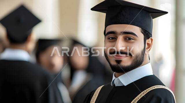 جودة التعليم في المملكة، الشعور بالفخر والثقة بالنفس، الاحتفال بإنهاء الدراسة الجامعية، مفهوم الاجتهاد والتفوق، صورة مقربة لطالب عربي خليجي سعودي يرتدي عباءه وقبعة التخرج ينظر الى الكاميرا بايماءات السرور والسعادة