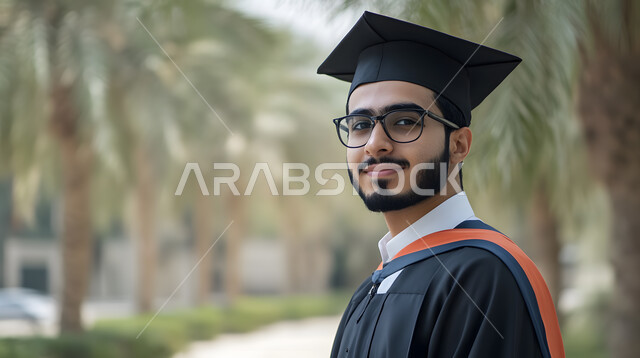 جودة التعليم في المملكة، الشعور بالفخر والثقة بالنفس، الاحتفال بإنهاء الدراسة الجامعية، مفهوم الاجتهاد والتفوق، صورة مقربة لطالب عربي خليجي سعودي يرتدي عباءه وقبعة التخرج ينظر الى الكاميرا بايماءات السرور والسعادة