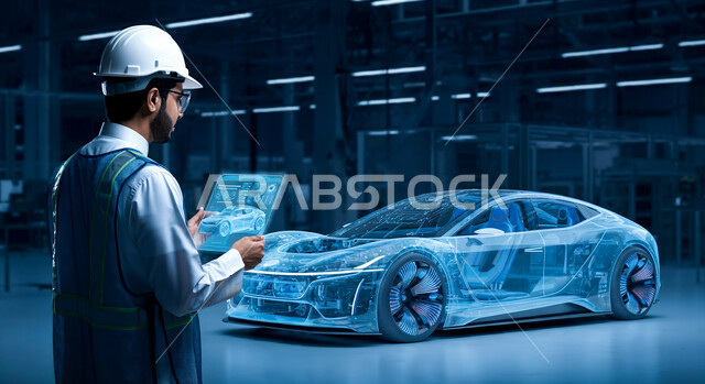 ابتكار وصناعة السيارات المتطورة, التصاميم و المشاريع الهندسية لمخططات المستقبل, الانطلاق نحو الأفق، رؤية مستقبلية سعودية 2030, التقنيات والتكنولوجيا الحديثة,  رجل عربي خليجي سعودي ينظر الى رسومات بيانية هولوجرامية ثلاثية الابعاد للنموذج الأولي لهيكل السيارة