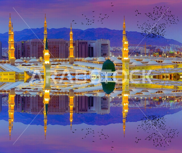 Islamic religious landmarks and places, the green dome and the illuminated minarets in the Rawdah at sunset, the Prophet's Mosque in Medina, Saudi Arabia, worship and drawing closer to God Almighty