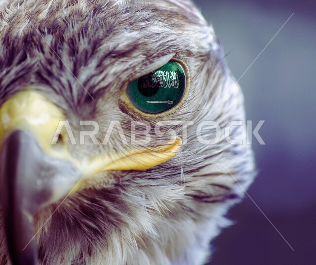 ترويض وتدريب الطيور الجارحة والمفترسة، إقامة نادي الصقور في موسم الصيد السنوي في السعودية، الفخر بالتراث السعودي العريق، انعكاس علم المملكة على عين طائر الصقر في إحدى المحميات الطبيعيه، رمز القوة والتحدي وحدة البصر