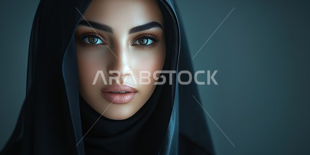 مفهوم الأنوثة والنعومة, الاهتمام بالأناقة والمظهر الخارجي, بورتريه مقرب لشابة عربية خليجية سعودية ترتدي الحجاب تنظر إلى الكاميرا بتعابير الثقة والاعتزاز بالنفس, خلفية رمادية