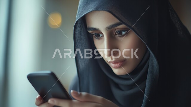 استخدام الأجهزة التقنية الحديثة, تصفح وسائل التواصل الاجتماعي, الدردشة مع العائلة والأصدقاء, صورة مقربة لامرأة عربية خليجية سعودية ترتدي الحجاب تمسك بيدها الهاتف المحمول
