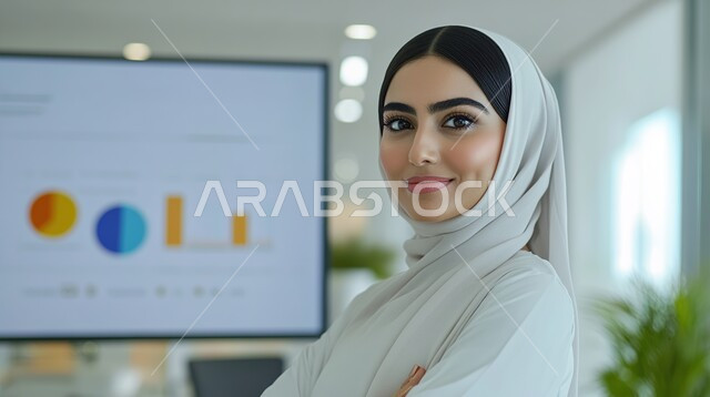 دراسة وتحليل الإحصائيات والرسوم البيانية, تحقيق أهداف الشركة, مهن وأعمال مكتبية في السعودية, صورة مقربة لامرأة عربية خليجية سعودية مبتسمة محجبة ترتدي الزي الكاجوال تجلس داخل المكتب وتنظر إلى الكاميرا بإيماءات السعادة والسرور