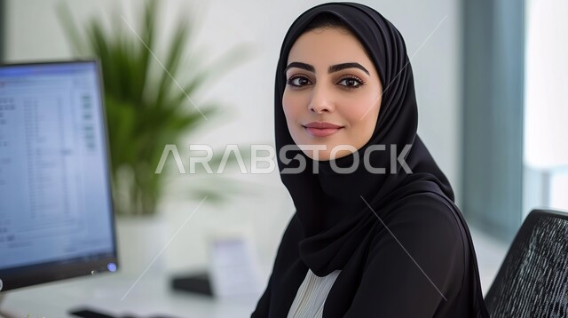 المهن والأعمال المكتبية, بيئة العمل المريحة في الشركات السعودية, صورة مقربة لامرأة عربية خليجية سعودية مبتسمة محجبة ترتدي الزي الكاجوال تجلس داخل المكتب وتنظر إلى الكاميرا بإيماءات السعادة والسرور