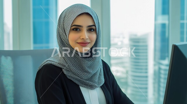 بيئة العمل المريحة في الشركات السعودية, المهن والأعمال المكتبية, صورة مقربة لامرأة عربية خليجية سعودية مبتسمة محجبة ترتدي الزي الكاجوال تجلس داخل المكتب وتنظر إلى الكاميرا بإيماءات السعادة والسرور
