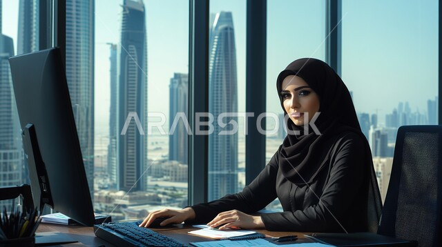 Integrating modern technology devices with office work, Saudi professions and jobs, close-up of a smiling Saudi Arabian Gulf woman wearing a black abaya, sitting inside the office and looking at the camera with gestures of happiness and pleasure