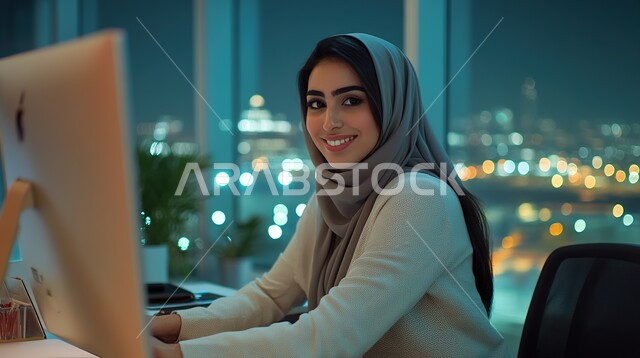 المهن والوظائف السعودية, دمج الأجهزة التقنية الحديثة بالأعمال المكتبية, صورة مقربة لامرأة عربية خليجية سعودية مبتسمة محجبة ترتدي الزي الكاجوال تجلس داخل المكتب وتنظر إلى الكاميرا بإيماءات السعادة والسرور