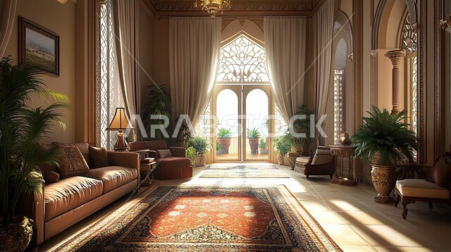 Modern luxury interior design, villas and apartments in Saudi Arabia, elegant modern design, interest in ornamental plants, large glass facades, distinctive designs for modern living rooms, living room with luxury home furniture