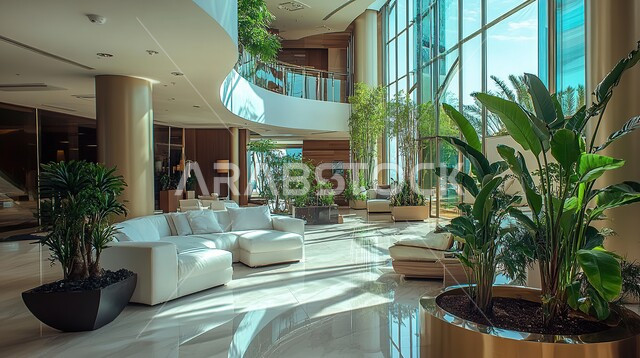 التصميم العصري الراقي الأنيق, الاهتمام بنباتات الزينة, الواجهات الزجاجية الكبيرة, التصاميم المميزة لغرف الجلوس على الطراز الحديث, غرفة معيشة مع أثاث منزلي فاخر باللون الأبيض, الديكورات الداخلية الراقية الحديثة, فلل وشقق سكنية في المملكة العربية السعودية