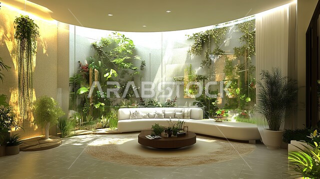 الديكورات الداخلية الراقية الحديثة, فلل وشقق سكنية في المملكة العربية السعودية, التصميم العصري الراقي الأنيق, الاهتمام بنباتات الزينة, الواجهات الزجاجية الكبيرة, التصاميم المميزة لغرف الجلوس على الطراز الحديث, غرفة معيشة مع أثاث منزلي فاخر
