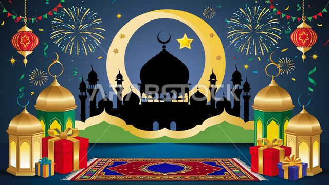 قالب تصميم لمجموعه من التحف الرمضانيه ثلاثية الابعاد , هلال و زينة شهر رمضان, احتفالات و مناسبات وهدايا، خلفية عيد الفطر المبارك، فوانيس عربية معلقة