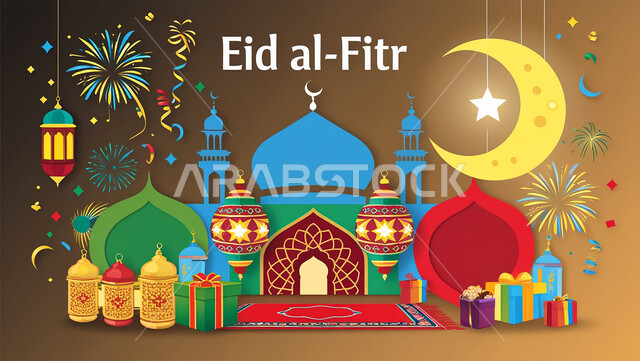 قالب تصميم لمجموعه من التحف الرمضانيه ثلاثية الابعاد , هلال و زينة شهر رمضان, احتفالات و مناسبات وهدايا، خلفية عيد الفطر المبارك، فوانيس عربية معلقة