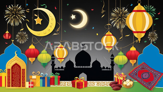 قالب تصميم لمجموعه من التحف الرمضانيه ثلاثية الابعاد , هلال و زينة شهر رمضان, احتفالات و مناسبات وهدايا، خلفية عيد الفطر المبارك، فوانيس عربية معلقة