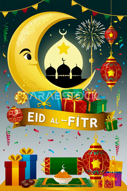 قالب تصميم لمجموعه من التحف الرمضانيه ثلاثية الابعاد , هلال و زينة شهر رمضان, احتفالات و مناسبات وهدايا، خلفية عيد الفطر المبارك، فوانيس عربية معلقة