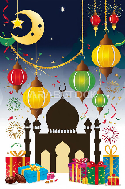 قالب تصميم لمجموعه من التحف الرمضانيه ثلاثية الابعاد , هلال و زينة شهر رمضان, احتفالات و مناسبات وهدايا، خلفية عيد الفطر المبارك، فوانيس عربية معلقة