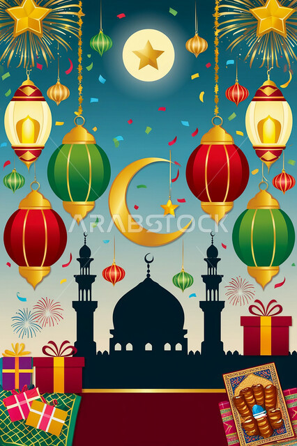 قالب تصميم لمجموعه من التحف الرمضانيه ثلاثية الابعاد , هلال و زينة شهر رمضان, احتفالات و مناسبات وهدايا، خلفية عيد الفطر المبارك، فوانيس عربية معلقة